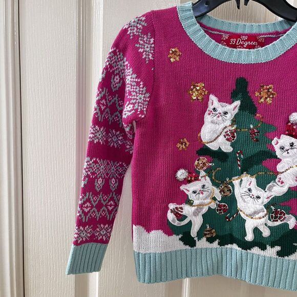 33 Degrees Cats in Christmas Tree Ugly Christmas Sweater Pink Girls Size XS 6/6X - Picture 5 of 14